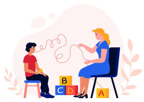 Speech therapist and a kid.  Woman teaching boy correct speech. Child doing tongue exercises.  Speech correction. Speech disorder, development delay. Pediatrician in the kindergarten, school.  Stutter. Flat vector illustration.